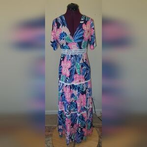 Lilly Pulitzer Pink & Blue Maribella Wrap Maxi Dress Sz 0